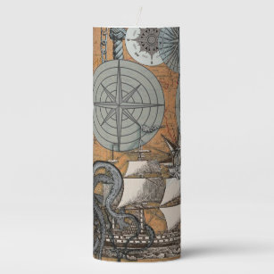Compass Rose Vintage Nautical Octopus Pillar Candle