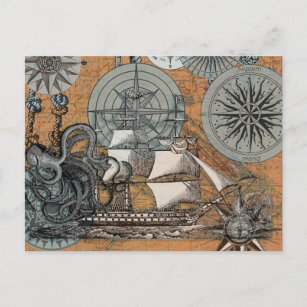 Compass Rose Vintage Nautical Octopus Postcard