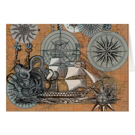Compass Rose Vintage Nautical Octopus Ship (Front Horizontal)
