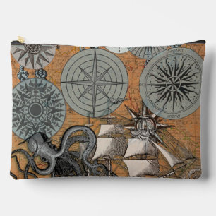 Compass Rose Vintage Nautical Octopus Ship Accessory Pouch