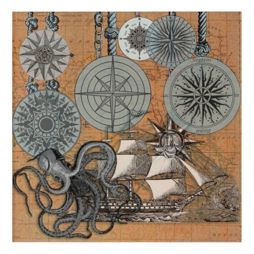 Compass Rose Vintage Nautical Octopus Ship Acrylic Print