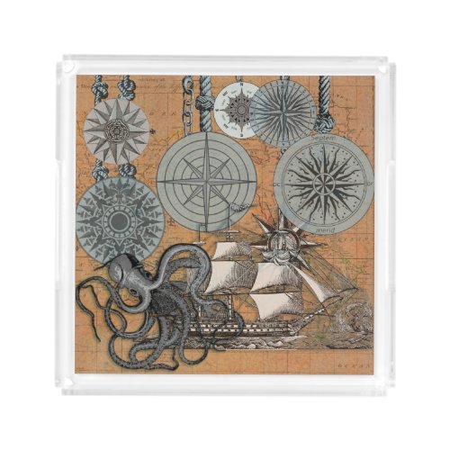 Compass Rose Vintage Nautical Octopus Ship Acrylic Tray