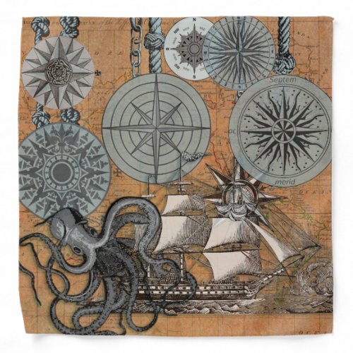 Compass Rose Vintage Nautical Octopus Ship Bandana