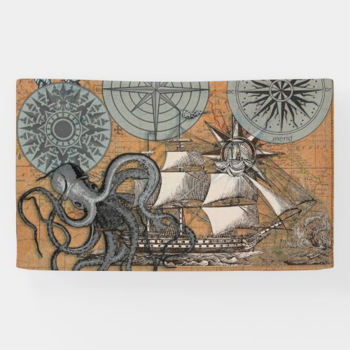 Compass Rose Vintage Nautical Octopus Ship Banner