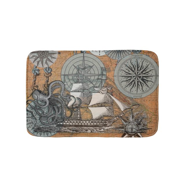 Compass Rose Vintage Nautical Octopus Ship Bath Mat (Front)