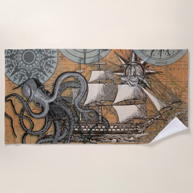 Compass Rose Vintage Nautical Octopus Ship Beach Towel (Front)