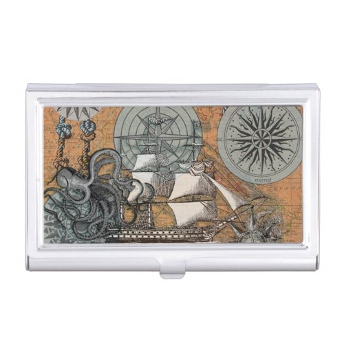 Compass Rose Vintage Nautical Octopus Ship Business Card Case