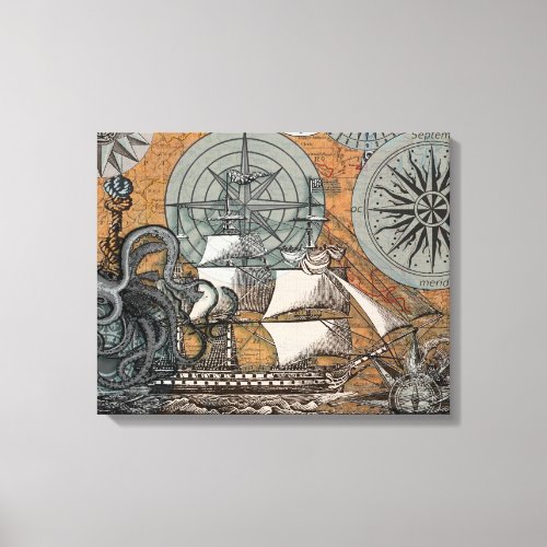 Compass Rose Vintage Nautical Octopus Ship Canvas Print