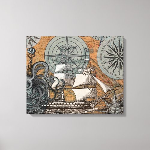 Compass Rose Vintage Nautical Octopus Ship Canvas Print