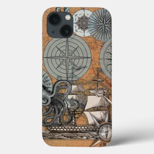 Compass Rose Vintage Nautical Octopus Ship iPhone 13 Case