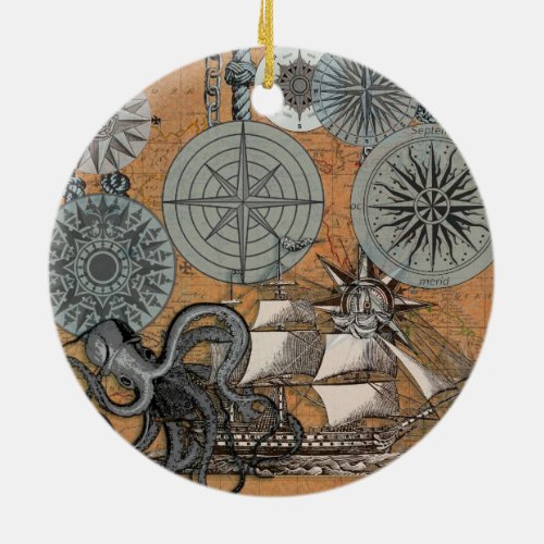 Compass Rose Vintage Nautical Octopus Ship Ceramic Ornament