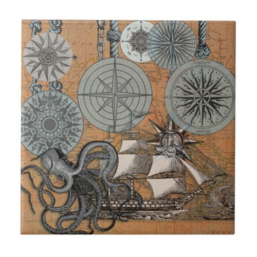 Compass Rose Vintage Nautical Octopus Ship Ceramic Tile