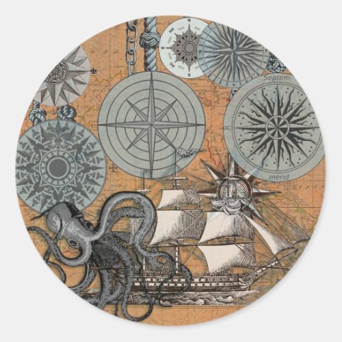 Compass Rose Vintage Nautical Octopus Ship Classic Round Sticker