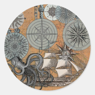 Compass Rose Vintage Nautical Octopus Ship Classic Round Sticker