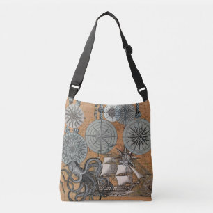 Compass Rose Vintage Nautical Octopus Ship Crossbody Bag
