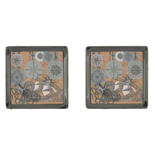 Compass Rose Vintage Nautical Octopus Ship Cufflinks