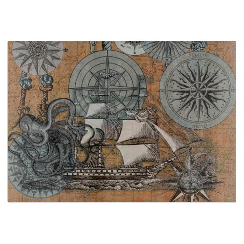 Compass Rose Vintage Nautical Octopus Ship Cutting Board