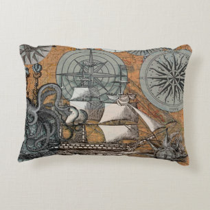 Compass Rose Vintage Nautical Octopus Ship Decorative Pillow