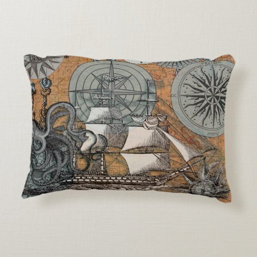 Compass Rose Vintage Nautical Octopus Ship Decorative Pillow