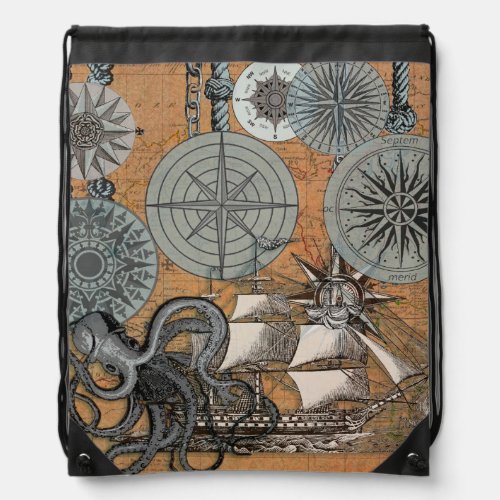 Compass Rose Vintage Nautical Octopus Ship Drawstring Bag