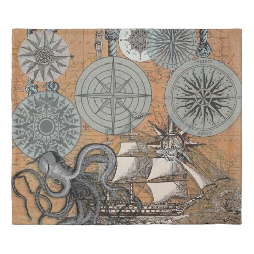 Compass Rose Vintage Nautical Octopus Ship Duvet Cover