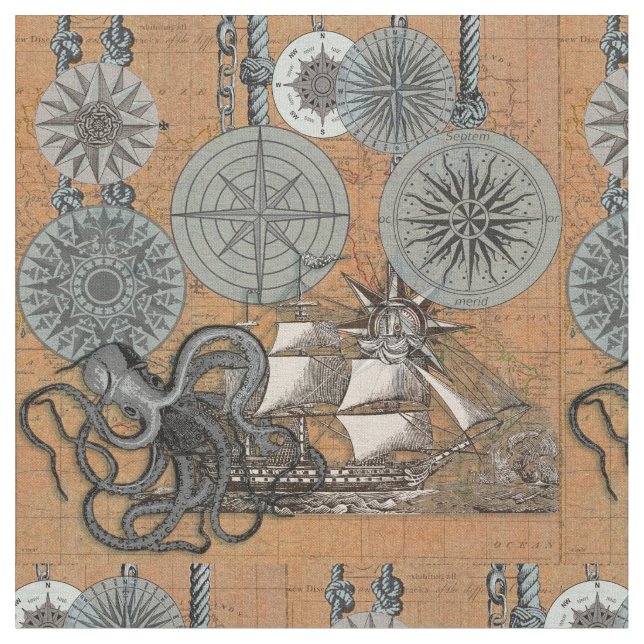 Compass Rose Vintage Nautical Octopus Ship Fabric (Close Up)