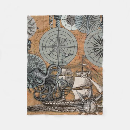 Compass Rose Vintage Nautical Octopus Ship Fleece Blanket