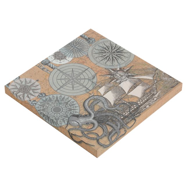 Compass Rose Vintage Nautical Octopus Ship Gallery Wrap (3/4)