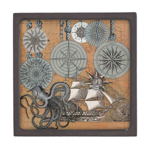 Compass Rose Vintage Nautical Octopus Ship Gift Box