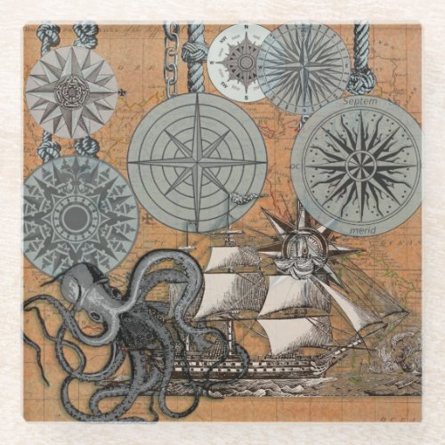Compass Rose Vintage Nautical Octopus Ship Glass Coaster