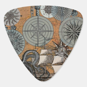 Compass Rose Vintage Nautical Octopus Ship Guitar Pick