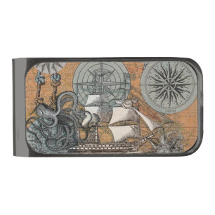 Compass Rose Vintage Nautical Octopus Ship Gunmetal Finish Money Clip