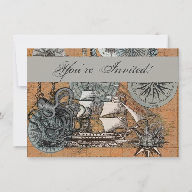 Compass Rose Vintage Nautical Octopus Ship Invitation (Front)