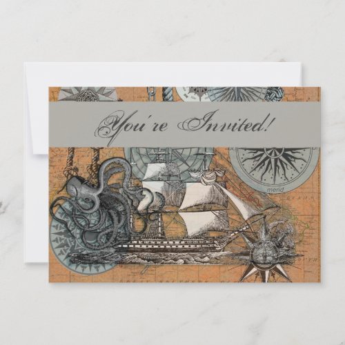 Compass Rose Vintage Nautical Octopus Ship Invitation