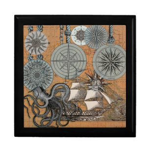 Compass Rose Vintage Nautical Octopus Ship Jewelry Box