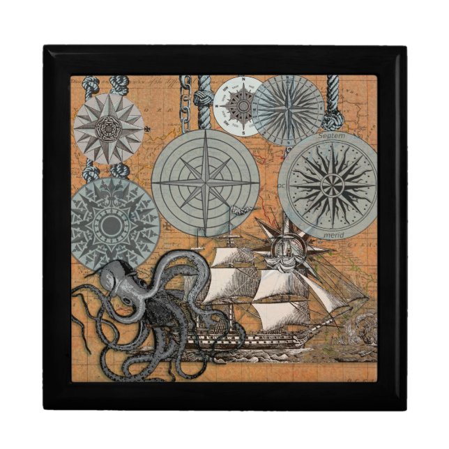Compass Rose Vintage Nautical Octopus Ship Jewelry Box (Front)
