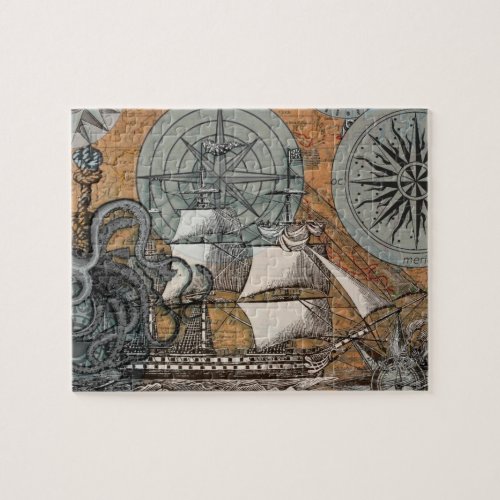 Compass Rose Vintage Nautical Octopus Ship Jigsaw Puzzle