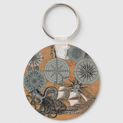 Compass Rose Vintage Nautical Octopus Ship Keychain