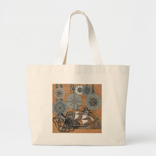 Compass Rose Vintage Nautical Octopus Ship Large Tote Bag