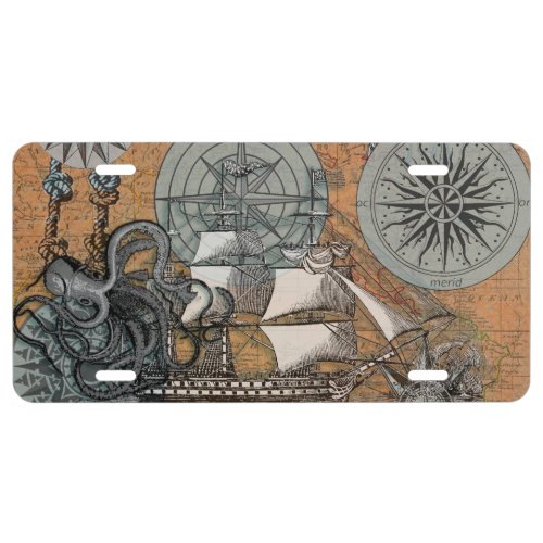 Compass Rose Vintage Nautical Octopus Ship License Plate