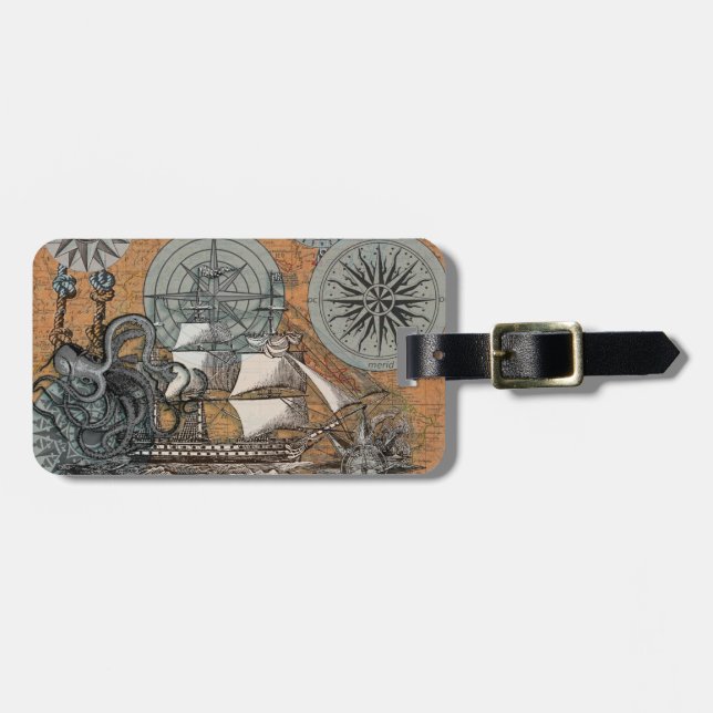 Compass Rose Vintage Nautical Octopus Ship Luggage Tag (Front Horizontal)