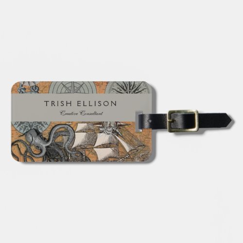 Compass Rose Vintage Nautical Octopus Ship Luggage Tag