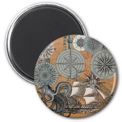 Compass Rose Vintage Nautical Octopus Ship Magnet