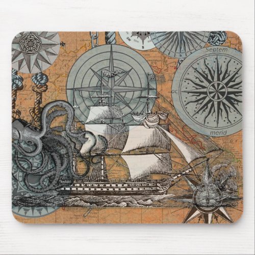 Compass Rose Vintage Nautical Octopus Ship Mouse Pad