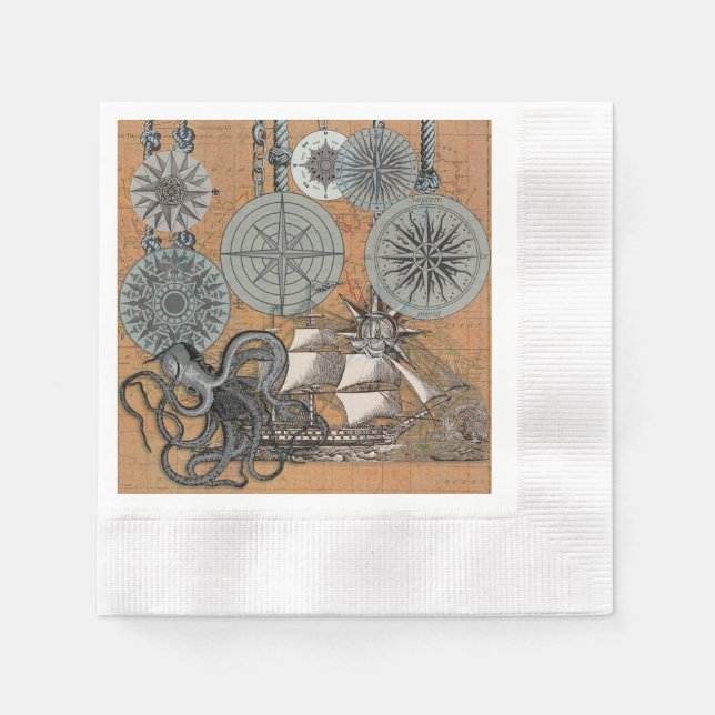 Compass Rose Vintage Nautical Octopus Ship Napkins (Front)