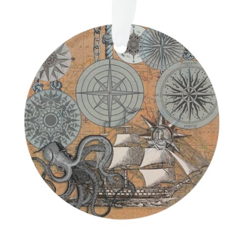 Compass Rose Vintage Nautical Octopus Ship Ornament