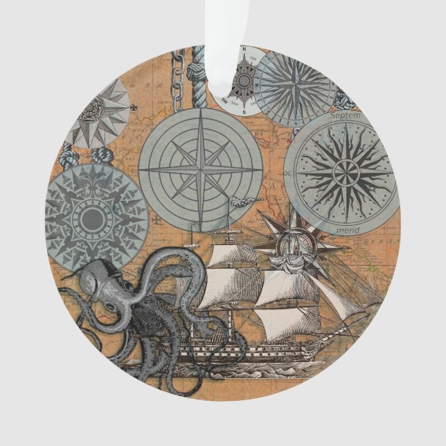 Compass Rose Vintage Nautical Octopus Ship Ornament (Front)
