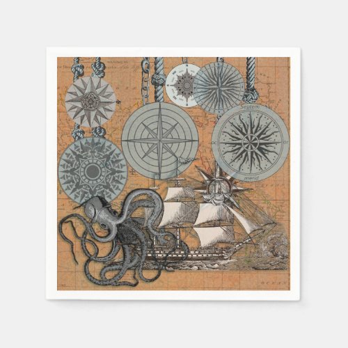 Compass Rose Vintage Nautical Octopus Ship Paper Napkins