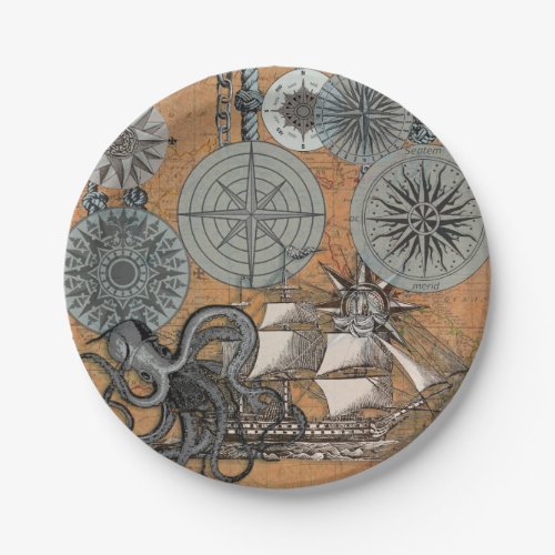 Compass Rose Vintage Nautical Octopus Ship Paper Plates