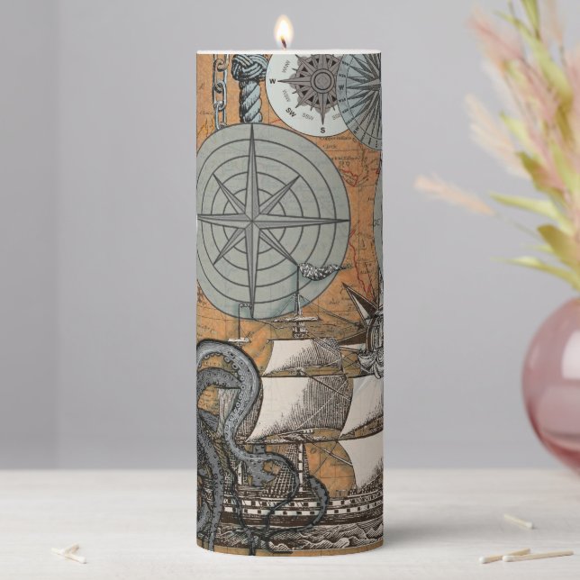 Compass Rose Vintage Nautical Octopus Ship Pillar Candle (In Situ)